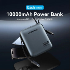 УМБ Vention 10000mAh 35W PD, USB-C In/Out, built-in USB-C, Lightning Cables, LED Display, Gray