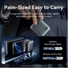 УМБ Vention 10000mAh 35W PD, USB-C In/Out, built-in USB-C, Lightning Cables, LED Display, Gray