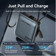 УМБ Vention 10000mAh 35W PD, USB-C In/Out, built-in USB-C, Lightning Cables, LED Display, Gray