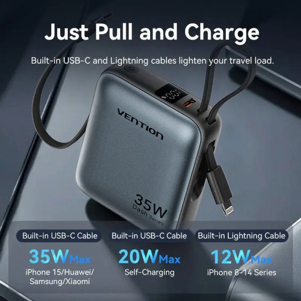 УМБ Vention 10000mAh 35W PD, USB-C In/Out, built-in USB-C, Lightning Cables, LED Display, Gray