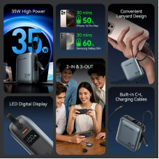 УМБ Vention 10000mAh 35W PD, USB-C In/Out, built-in USB-C, Lightning Cables, LED Display, Gray