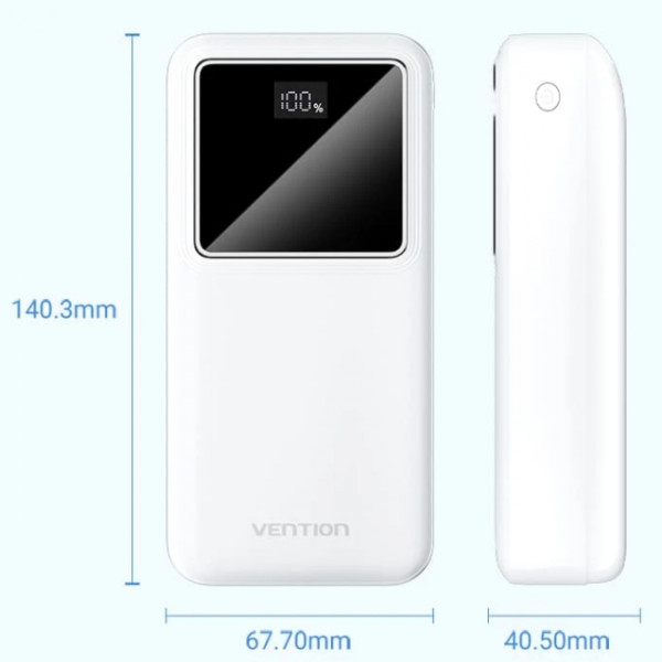 УМБ Vention 30000mAh 22.5W 3A, PD,QC3.0, Micro-USB,USB-C,2xUSB-A,LED Display White