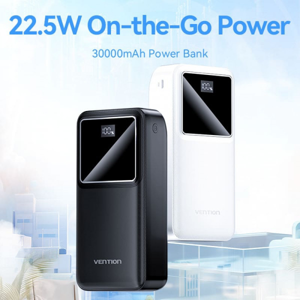 УМБ Vention 30000mAh 22.5W PD,QC3.0, Micro-USB,USB-C,2xUSB-A,LED Display, Black