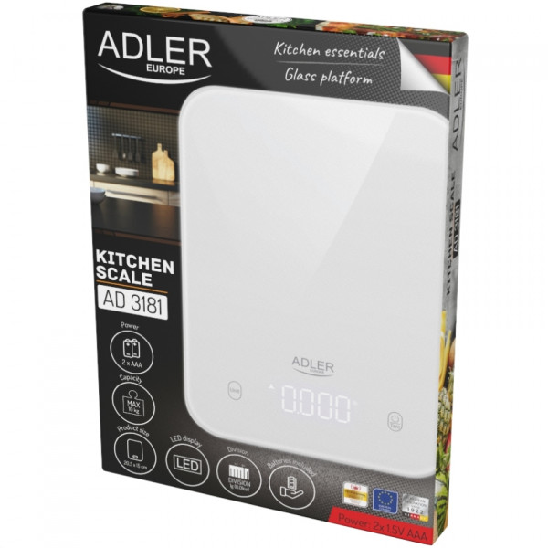 Ваги кухонні Adler AD 3181 white електронні/ 10кг/ г; кг, фунт/ 2хААА/ автовимкнення/ скло