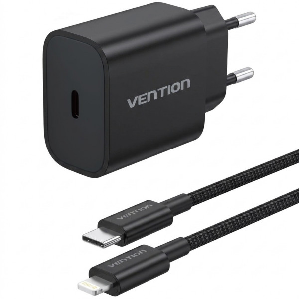 Зарядний пристрій 1xUSB-C 20W + USB-C to Lightning cable М-М Black Vention