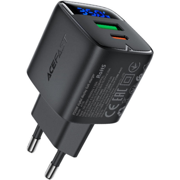 Зарядний пристрій 2xUSB 35W (USB-C+USB-A) with digital display Gan A116 Black Acefast