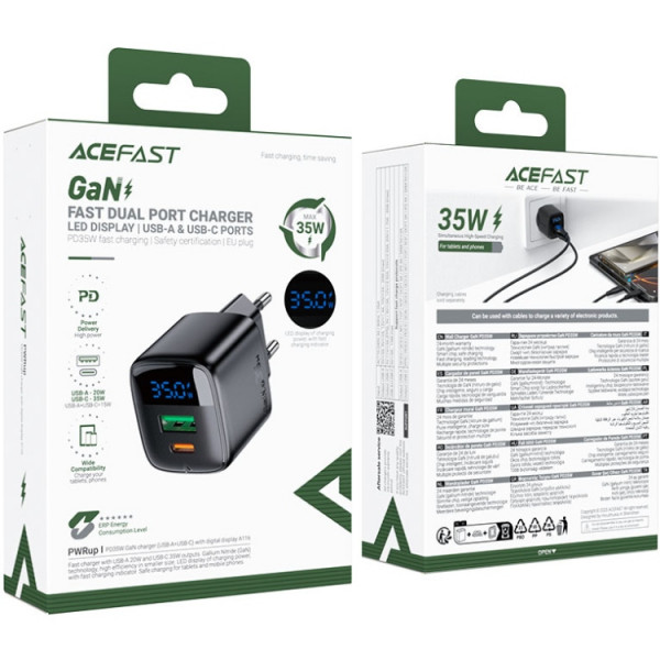 Зарядний пристрій 2xUSB 35W (USB-C+USB-A) with digital display Gan A116 Black Acefast