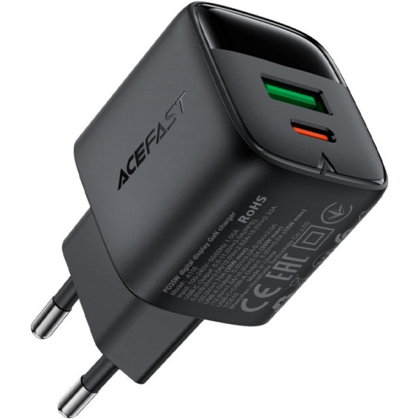 Зарядний пристрій 2xUSB 35W (USB-C+USB-A) with digital display Gan A116 Black Acefast