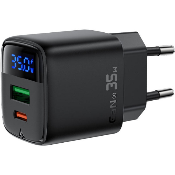 Зарядний пристрій 2xUSB 35W (USB-C+USB-A) with digital display Gan A116 Black Acefast