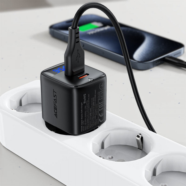 Зарядний пристрій 2xUSB 35W (USB-C+USB-A) with digital display Gan A116 Black Acefast