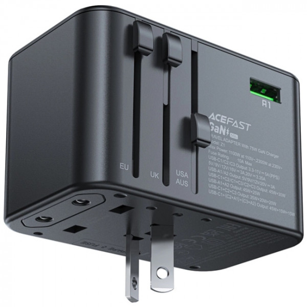 Зарядний пристрій 5xUSB 75W (3xUSB-C+2xUSB-A) Gan Z1 Travel Fast Charger Acefast