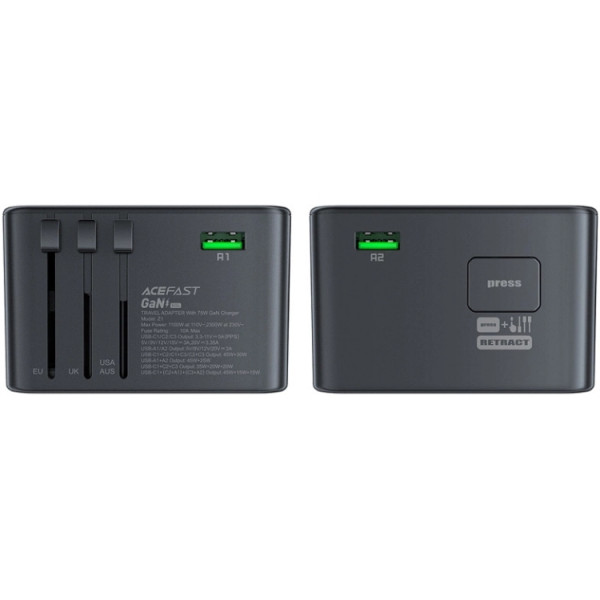 Зарядний пристрій 5xUSB 75W (3xUSB-C+2xUSB-A) Gan Z1 Travel Fast Charger Acefast
