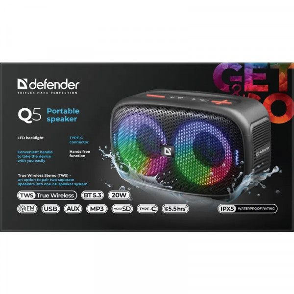Акустична система 1.0 Defender Q5 20 Вт Bluetooth/FM/USB/TF/IPX5, LED, чорна