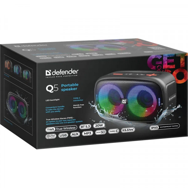 Акустична система 1.0 Defender Q5 20 Вт Bluetooth/FM/USB/TF/IPX5, LED, чорна