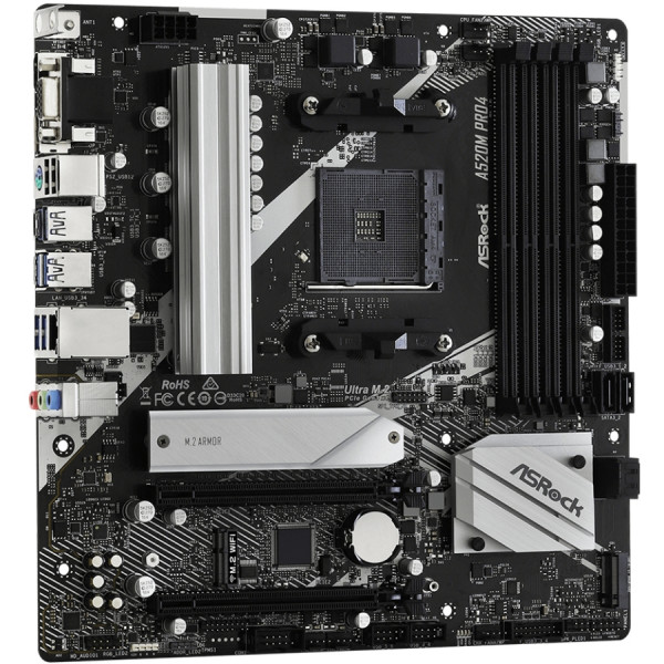 ASRock A520M PRO4 (AM4/A520, 4*DDR4, 2xPCIex16, D-Sub/DP/HDMI, 4xSATAІІІ, 2xM.2, GLan, 8ch, mATX)