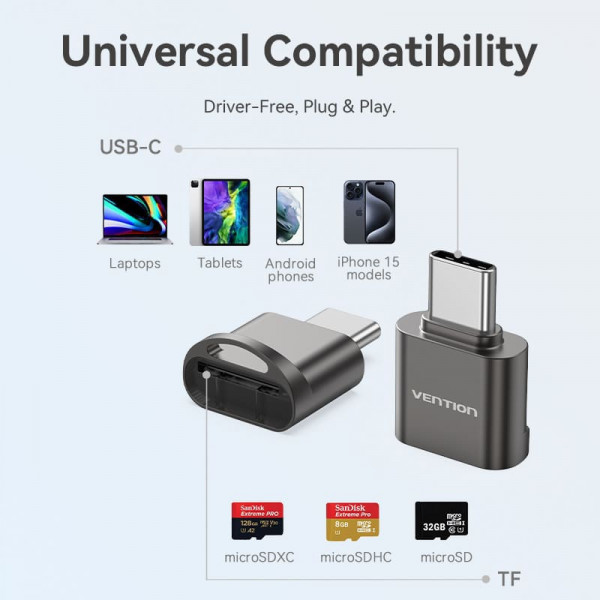 Card Reader USB 2.0 Type-C, 1-слот microSD, OTG 512 Гб, Aluminum Alloy, сірий Vention