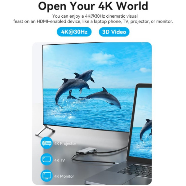 Док-станція USB3.1 Type-C -> HDMI 4K30Hz/USB 3.0x3/SD/TF/PD 100W 7-in-1 Vention