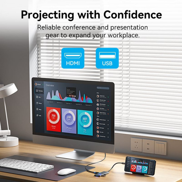 Док-станція USB3.1 Type-C -> HDMI 4K30Hz/USB 3.0x3/SD/TF/PD 100W 7-in-1 Vention
