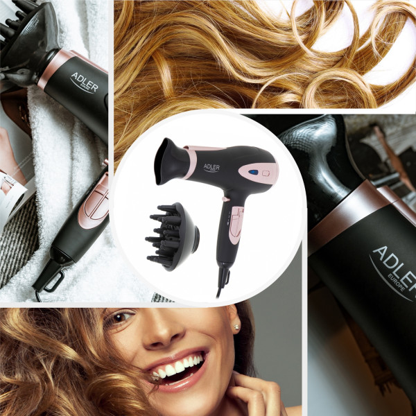 Фен Adler AD 2248 black 2200Вт/ 2 швидкості/ хол.обдув/ темп.режимів-3/ іонізація/ насадки - 2 шт.