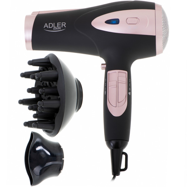 Фен Adler AD 2248 black 2200Вт/ 2 швидкості/ хол.обдув/ темп.режимів-3/ іонізація/ насадки - 2 шт.