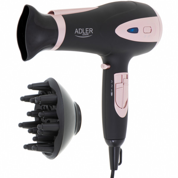 Фен Adler AD 2248 black 2200Вт/ 2 швидкості/ хол.обдув/ темп.режимів-3/ іонізація/ насадки - 2 шт.