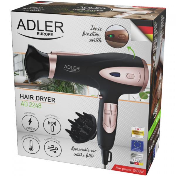 Фен Adler AD 2248 black 2200Вт/ 2 швидкості/ хол.обдув/ темп.режимів-3/ іонізація/ насадки - 2 шт.