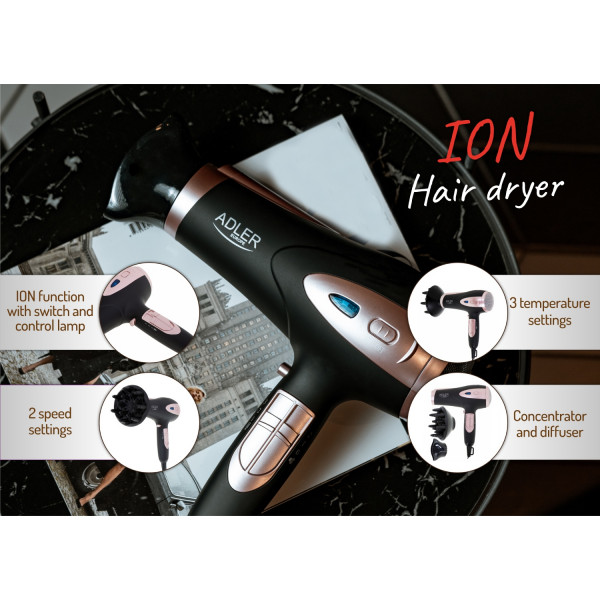 Фен Adler AD 2248 black 2200Вт/ 2 швидкості/ хол.обдув/ темп.режимів-3/ іонізація/ насадки - 2 шт.