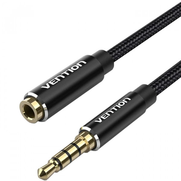 Кабель AUX Audio TRS M/F 3.0м Gold-Plated, нейлонове обплетення, чорний Vention