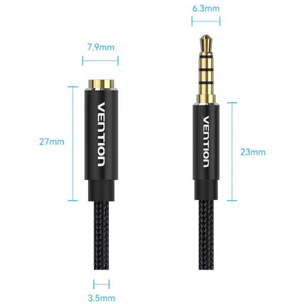 Кабель AUX Audio TRS M/F 3.0м Gold-Plated, нейлонове обплетення, чорний Vention