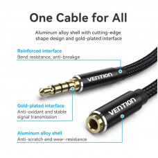 Кабель AUX Audio TRS M/F 3.0м Gold-Plated, нейлонове обплетення, чорний Vention