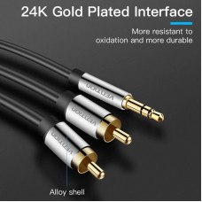 Кабель AUX Audio TRS - RCAx2 M/M 5.0м, PVC, Aluminum alloy, Gold-Plated, чорний, Vention