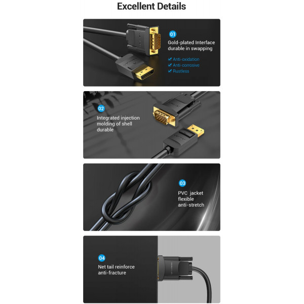 Кабель DisplayPort M - VGA M, 2.0м, 1080P 60Гц, Gold-Plated, чорний Vention