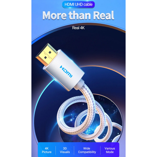 Кабель HDMI M - M, 15.0м, V2.0, 4K обплетення, Silver Metal Type Vention