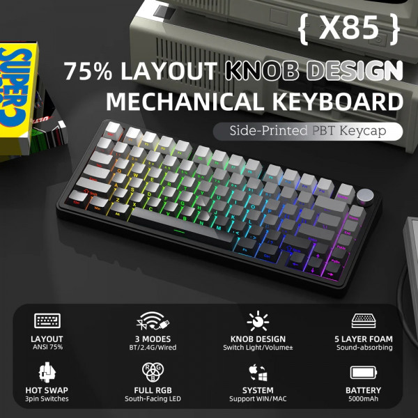 Клавіатура ігрова механічна Attack Shark X85 82кл. RGB,Wireless, White Jade перемикачі Moonlit Night
