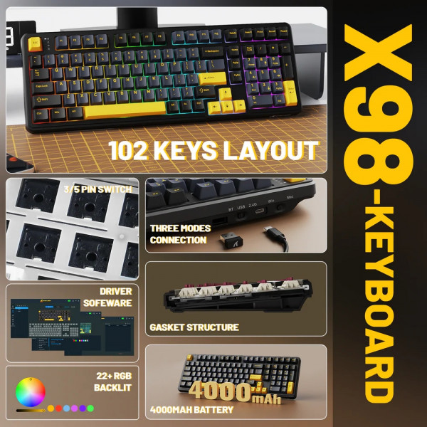 Клавіатура ігрова механічна Attack Shark X98 102кл. RGB, Wireless, Star Black