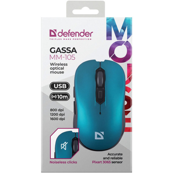 Мишка Defender Gassa MM-105, бездротова, 6кн. до 1600 dpi, безшумна, бірюзова
