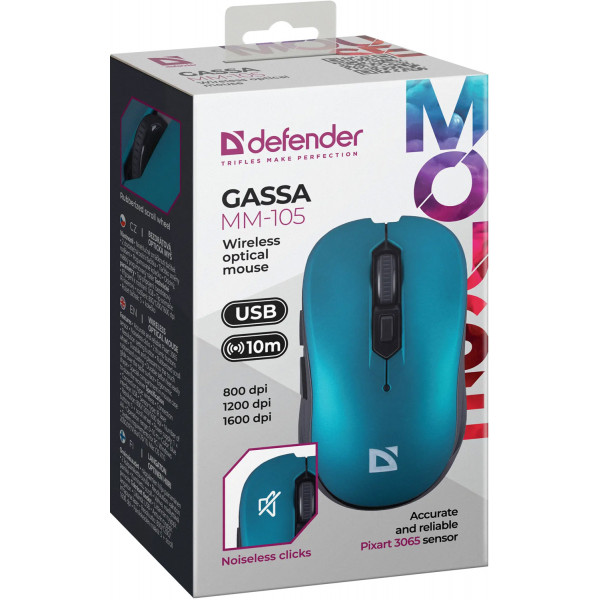 Мишка Defender Gassa MM-105, бездротова, 6кн. до 1600 dpi, безшумна, бірюзова