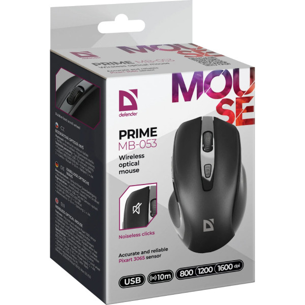 Мишка Defender Prime MB-053, бездротова, 6 кн. до 1600 dpi, безшумна, чорна