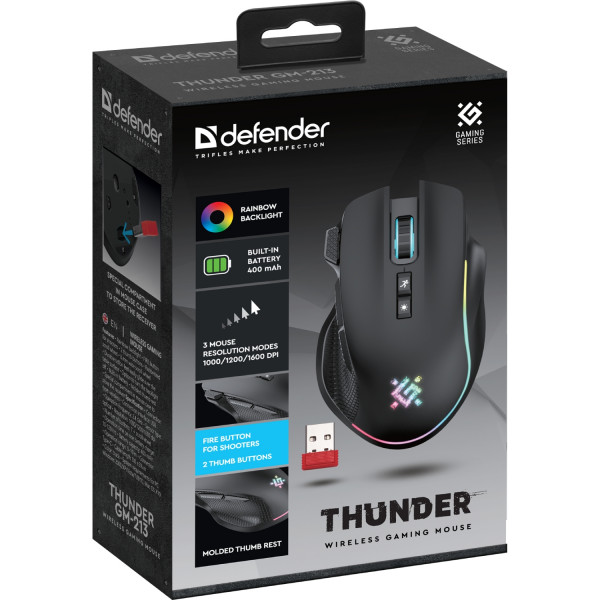 Мишка Defender Thunder GM-213, бездротова, ігрова, 8кн., 1600 dpi., 400 mAh, чорна