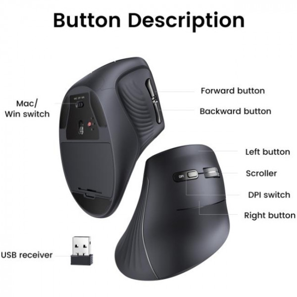 Мишка UGREEN 2.4GHz MU008, бездротова, вертикальна 4000dpi., 4кн., Чорна