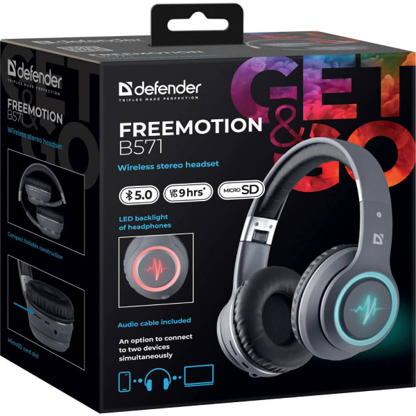 Навушники з мікрофоном Defender FreeMotion B571 Bluetooth, LED, сірі