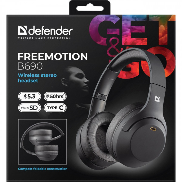 Навушники з мікрофоном Defender FreeMotion B690 чорні,мікрофон,Bluetooth