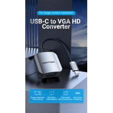 Перехідник USB 3.1 Type-C -> VGA (F), 1080p 60Hz, кабель 0.15м, Vention сірий