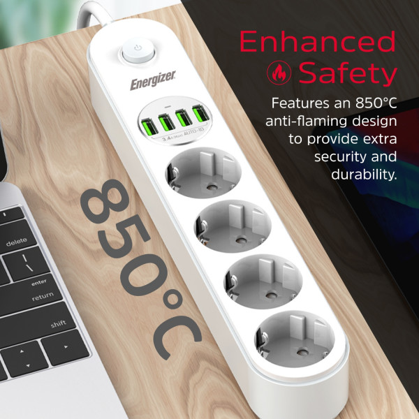 Power filtr 2.0м Energizer 4 розетки, 4xUSB 3.4A, з заземленням білий