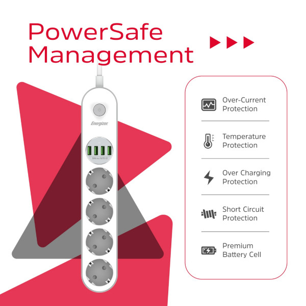Power filtr 2.0м Energizer 4 розетки, 4xUSB 3.4A, з заземленням білий