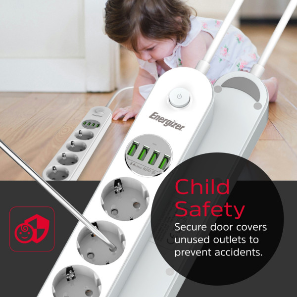 Power filtr 2.0м Energizer 4 розетки, 4xUSB 3.4A, з заземленням білий