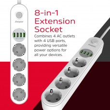 Power filtr 2.0м Energizer 4 розетки, 4xUSB 3.4A, з заземленням білий