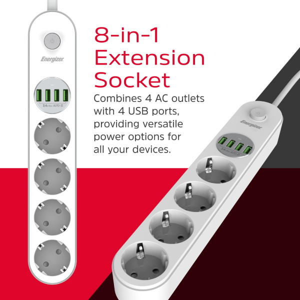 Power filtr 2.0м Energizer 4 розетки, 4xUSB 3.4A, з заземленням білий