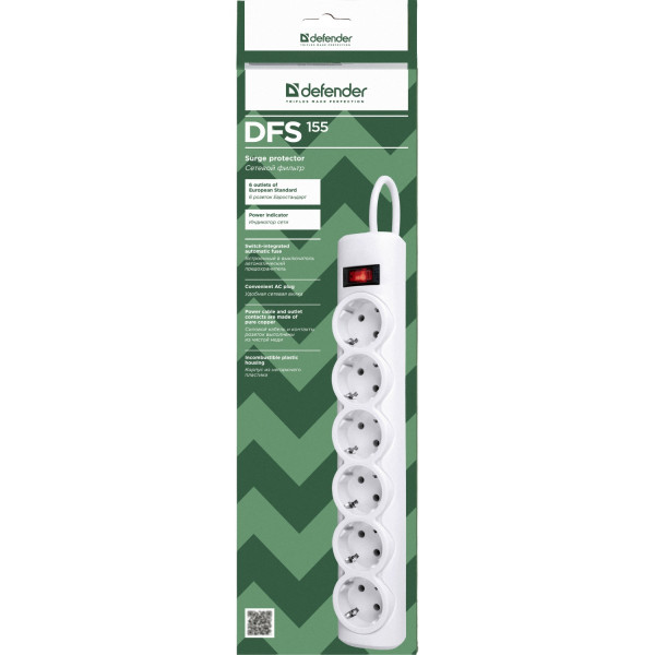 Power filtr 5.0м Defender DFS 155, білий, 6 розеток