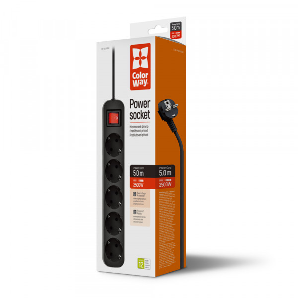 Power filtr 5.0м СolorWay 5 розеток, чорний